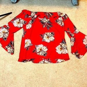 Red off the shoulder floral blouse